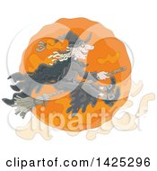Poster, Art Print Of Cartoon Halloween Witch Flying On A Broomstick Over An Orange Full Moon