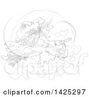 Poster, Art Print Of Cartoon Black And White Lineart Halloween Witch Flying On A Broomstick Over A Full Moon