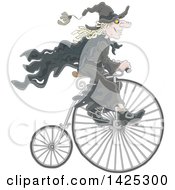 Cartoon Halloween Witch Riding A Penny Farthing Bicycle