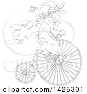Cartoon Black And White Lineart Halloween Witch Riding A Penny Farthing Bicycle