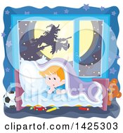 Poster, Art Print Of Halloween Witch Flying On A Broomstick Against Full Moon Through A Scared Boys Window