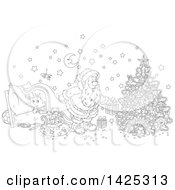 Poster, Art Print Of Cartoon Black And White Lineart Giggling Boy Under A Blanket As Santa Sets Gifts Under A Christmas Tree