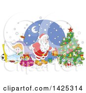 Poster, Art Print Of Cartoon Giggling Caucasian Boy Under A Blanket As Santa Sets Gifts Under A Christmas Tree