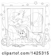 Poster, Art Print Of Cartoon Black And White Lineart Halloween Witch Flying On A Broom Stick Against Full Moon Through A Scared Boys Window