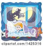 Poster, Art Print Of Cartoon Halloween Witch Flying On A Broom Stick Against Full Moon Through A Scared Boys Window