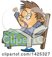 Cartoon Caucasian Boy Yawning And Stretching In The Morning
