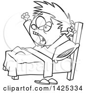 Cartoon Black And White Lineart Boy Yawning And Stretching In The Morning