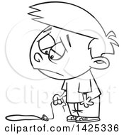 Clipart Of A Cartoon Black And White Lineart Boy Pouting Over A Flat Balloon Royalty Free Vector Illustration