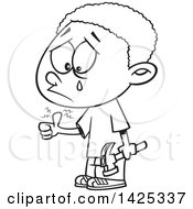 Poster, Art Print Of Cartoon Black And White Lineart African American Boy Crying After Banging His Thumb With A Hammer