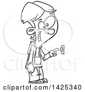 Clipart Of A Cartoon Black And White Lineart Boy Ringing A Door Bell Royalty Free Vector Illustration