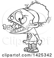Poster, Art Print Of Cartoon Black And White Lineart Zombie Girl Eating A Bone