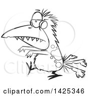 Clipart Of A Cartoon Black And White Lineart Zombie Bird Walking Royalty Free Vector Illustration