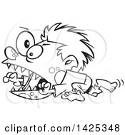 Clipart Of A Cartoon Black And White Lineart Zombie Hyper Boy Running Royalty Free Vector Illustration