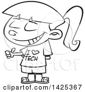 Poster, Art Print Of Cartoon Black And White Lineart Girl Wearing An I Love Tech Shirt And Giving A Thumb Up