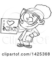 Clipart Of A Cartoon Black And White Lineart African American Girl Holding An I Love Science Sign Royalty Free Vector Illustration