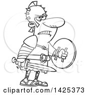 Clipart Of A Cartoon Black And White Lineart Tough Gladiator Holding A Sword And Shield Royalty Free Vector Illustration by toonaday