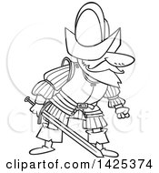 Cartoon Black And White Lineart Mad Conquistador Holding A Sword