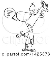 Clipart Of A Cartoon Black And White Lineart Guy Asking A Dumb Question Royalty Free Vector Illustration