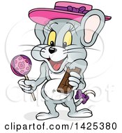 Clipart Of A Cartoon Girly Mouse Waring A Hat And Bow Eating A Lolipop And Chocolate Bar Royalty Free Vector Illustration