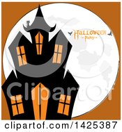 Poster, Art Print Of Black Cat On The Roof Of A Haunted House Over A Full Moon With Bats And Halloween Party Text On Orange