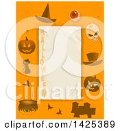 Poster, Art Print Of Orange Border With A Witch Hat Eyeball Skull Top Hat Jackolantern Pumpkins Tombstones Bats A Cat And Witch Cauldron Around Text Space With Halloween