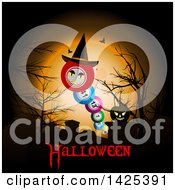 Clipart Of A Witch Hat And Bingo Balls In A Cemetery Against An Orange Full Moon Above Halloween Text Royalty Free Vector Illustration by elaineitalia