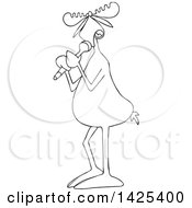 Clipart Of A Cartoon Black And White Lineart Moose Vocalist Singing Into A Microphone Royalty Free Vector Illustration