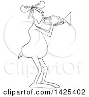 Clipart Of A Cartoon Black And White Lineart Moose Playing A Trumpet Royalty Free Vector Illustration