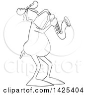 Clipart Of A Cartoon Black And White Lineart Moose Playing A Saxophone Royalty Free Vector Illustration