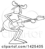 Clipart Of A Cartoon Black And White Lineart Moose Playing An Electric Guitar Royalty Free Vector Illustration
