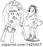 Clipart Of A Cartoon Black And White Lineart Cave Woman Teacher Pointing To A Boulder With Drawings Royalty Free Vector Illustration