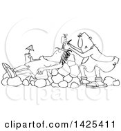 Clipart Of A Cartoon Black And White Lineart Cave Woman Holding A Drink Laying On Boulders Nad Getting Her Hair Done Royalty Free Vector Illustration