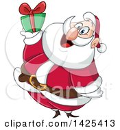 Poster, Art Print Of Cartoon Santa Holding Up A Christmas Gift