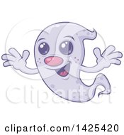 Clipart Of A Retro Cartoon Cute Purple Ghost Flying Royalty Free Vector Illustration