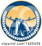 Clipart Of A Retro Woodcut Draft Beer Growler Jugs Hanging On A Clothesline Over A Picket Fence In A Circle Royalty Free Vector Illustration by patrimonio