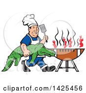 Poster, Art Print Of Retro Cartoon Male Chef Carrying An Alligator And Spatula To A Football Grill
