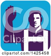 Clipart Of A Retro Male Worker Raising His Arm In A Blue Square Royalty Free Vector Illustration