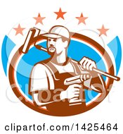 Poster, Art Print Of Retro Handyman Holding A Paint Roller Over His Shoulder And A Cordless Drill In Hand Emerging From An Oval With Stars