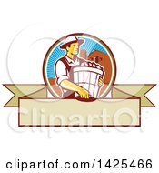 Poster, Art Print Of Retro Male Organic Farmer Carrying A Bushel Of Harvest Produce In A Circle Against A Barn And Silo Over A Blank Ribbon Banner