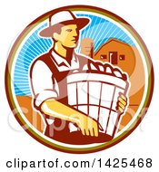 Poster, Art Print Of Retro Male Organic Farmer Carrying A Bushel Of Harvest Produce In A Circle Against A Barn And Silo