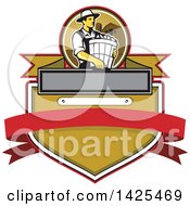 Clipart Of A Retro Male Organic Farmer Carrying A Bushel Of Harvest Produce In A Circle Against A Barn And Silo Over A Crest Royalty Free Vector Illustration
