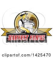 Poster, Art Print Of Retro Male Organic Farmer Carrying A Bushel Of Produce In A Circle Against A Barn And Silo Over A Harvest Farms Ribbon Banner