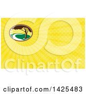 Clipart Of A Pecan Tree And River Against A Sunrise And Yellow Rays Background Or Business Card Design Royalty Free Illustration by patrimonio