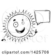 Clipart Of A Cartoon Black And White Doodled Talking Sun Character Royalty Free Vector Illustration