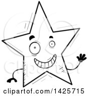 Clipart Of A Cartoon Black And White Doodled Waving Star Character Royalty Free Vector Illustration