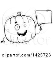 Clipart Of A Cartoon Black And White Doodled Talking Pumpkin Character Royalty Free Vector Illustration