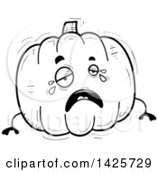 Clipart Of A Cartoon Black And White Doodled Crying Pumpkin Character Royalty Free Vector Illustration