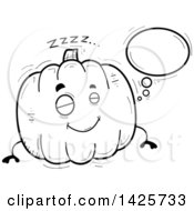 Clipart Of A Cartoon Black And White Doodled Dreaming Pumpkin Character Royalty Free Vector Illustration