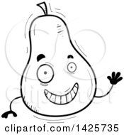 Clipart Of A Cartoon Black And White Doodled Waving Pear Character Royalty Free Vector Illustration