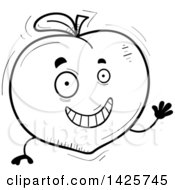 Clipart Of A Cartoon Black And White Doodled Waving Peach Character Royalty Free Vector Illustration